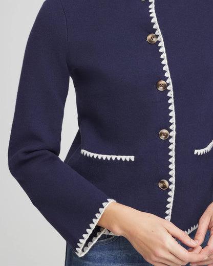 Chico's Blanket Stitch Crewneck Cardigan Passport Blue
