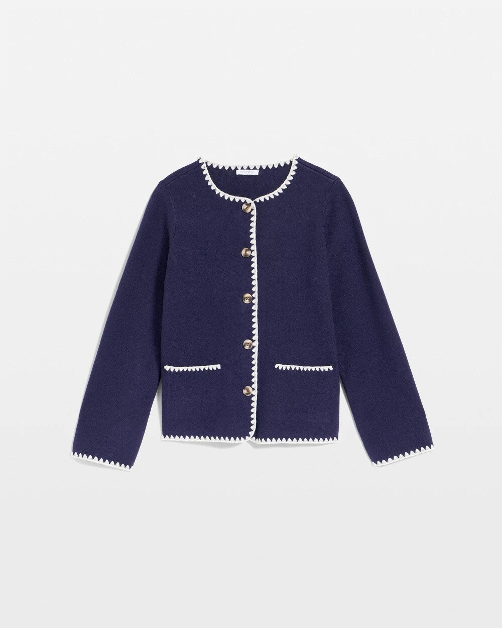 Chico's Blanket Stitch Crewneck Cardigan Passport Blue