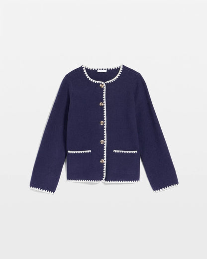 Chico's Blanket Stitch Crewneck Cardigan Passport Blue