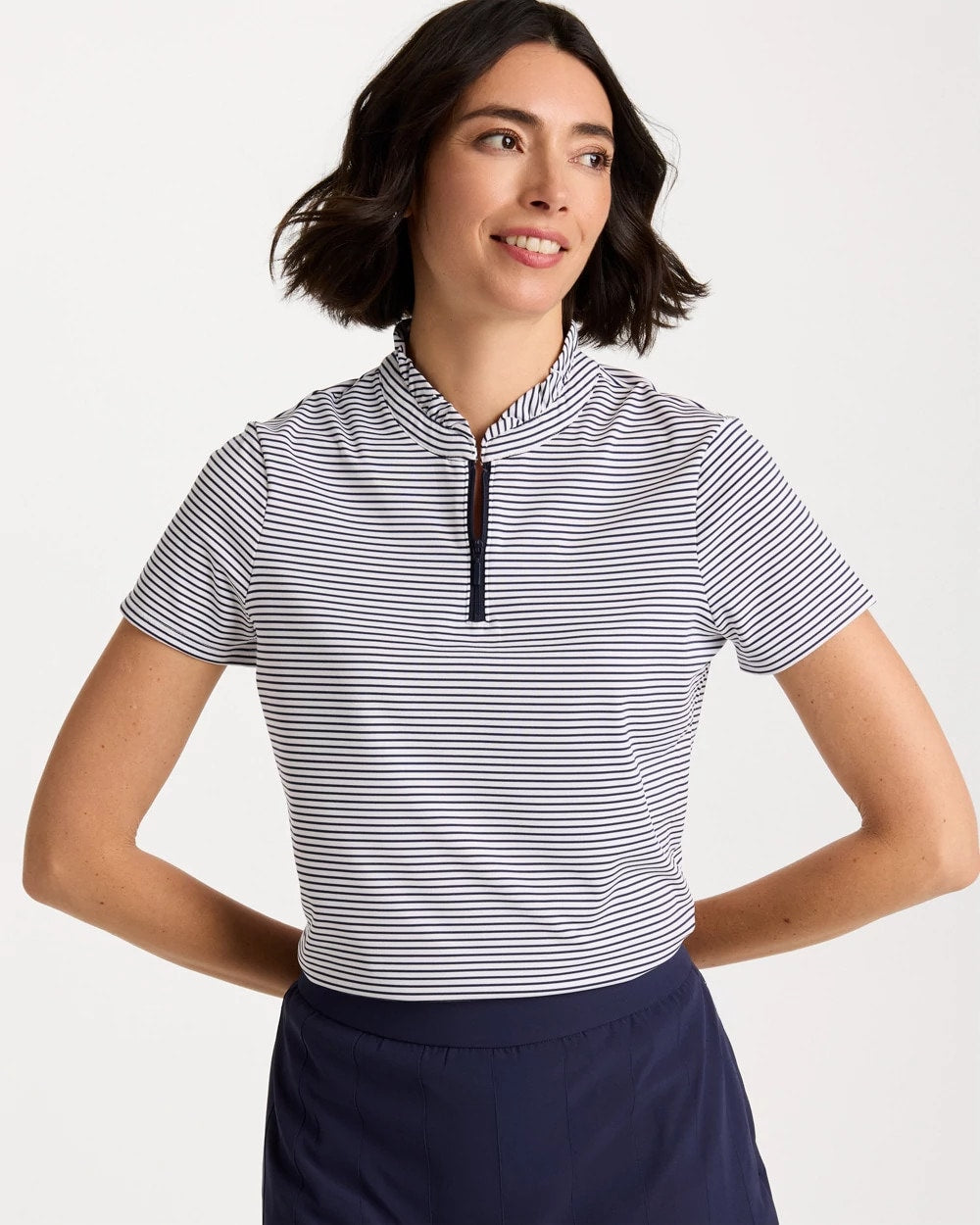 Chico's Zenergy® UPF Ruffle Striped Half Zip Passport Blue