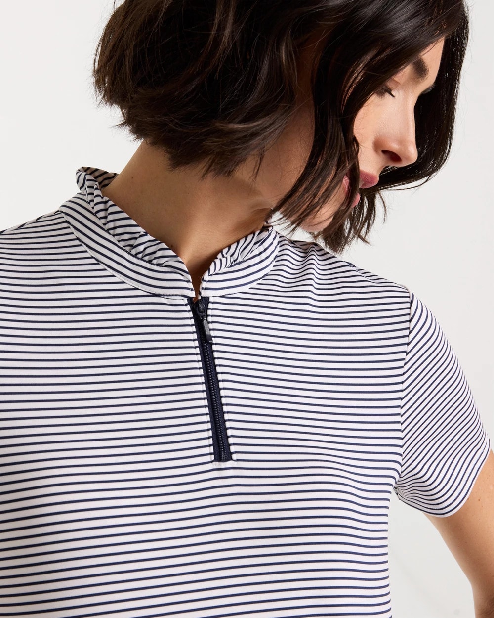 Chico's Zenergy® UPF Ruffle Striped Half Zip Passport Blue