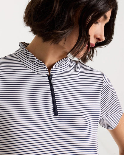 Chico's Zenergy® UPF Ruffle Striped Half Zip Passport Blue