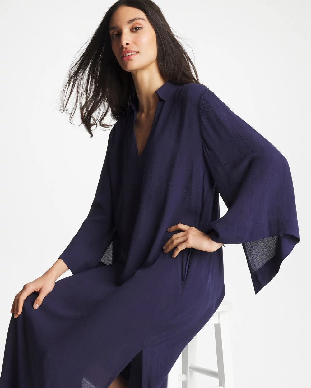 Chico's Woven Collar Swim Cover-Up Passport Blue
