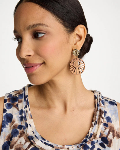 Chico's Wood Carved Sun Drop Earrings Brown
