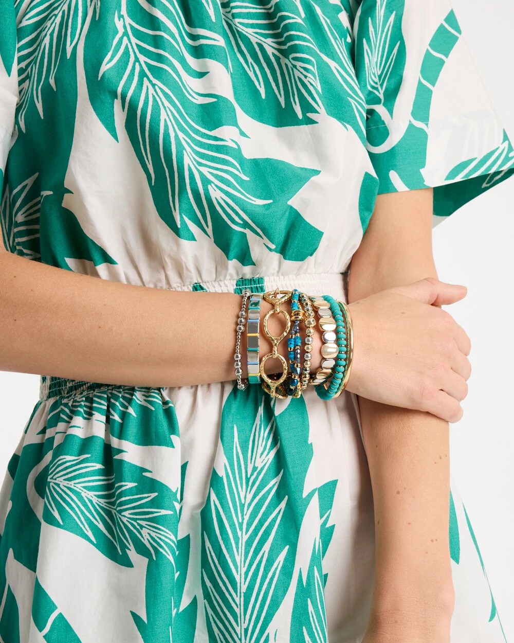 Chico's Mixed Metal Beaded Stretch Bracelet Mixed Metals