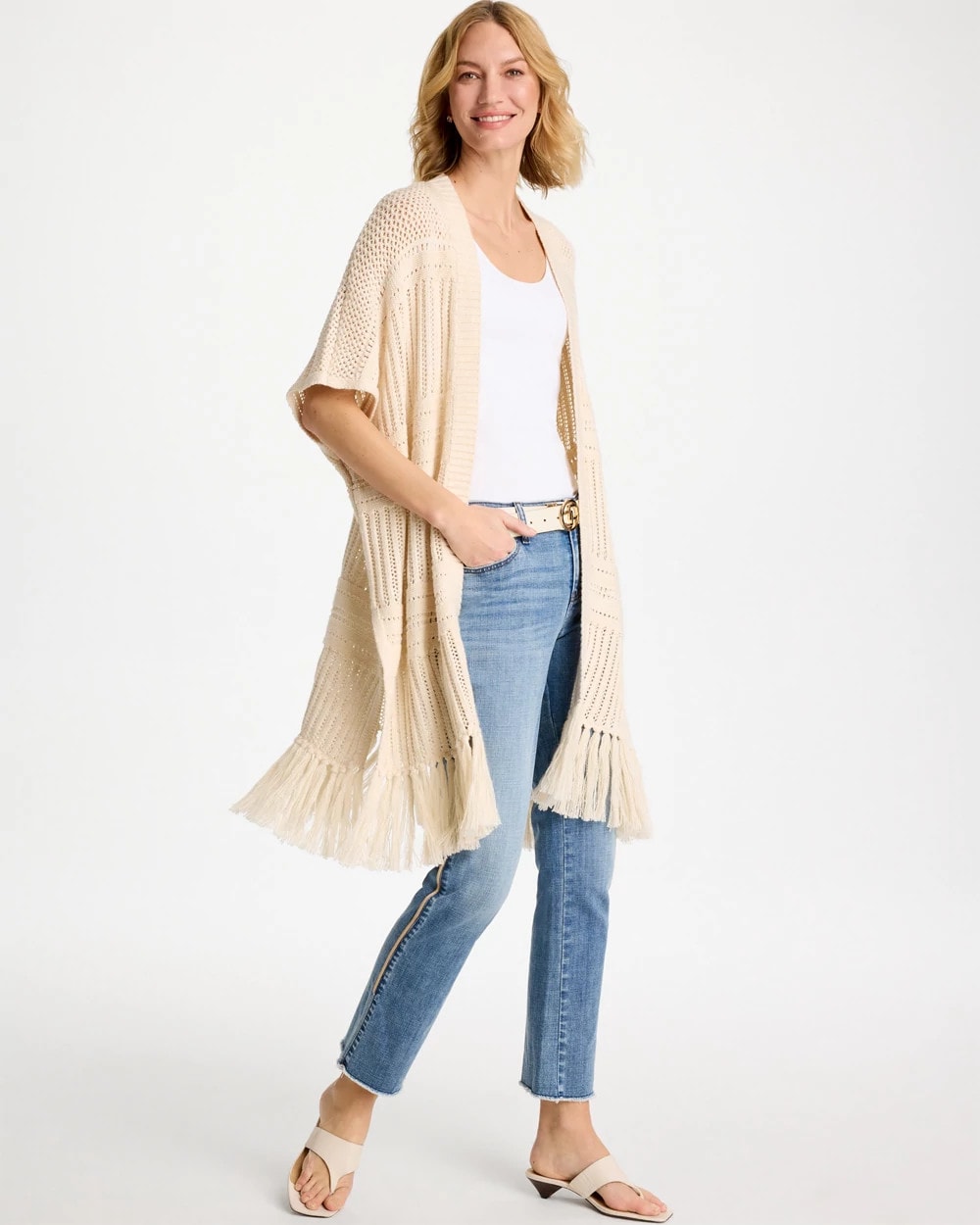 Chico's Long Knit Fringe Ruana Cream