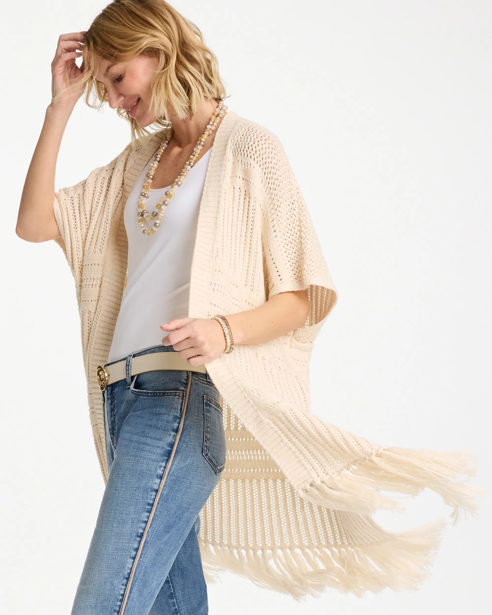 Chico's Long Knit Fringe Ruana Cream