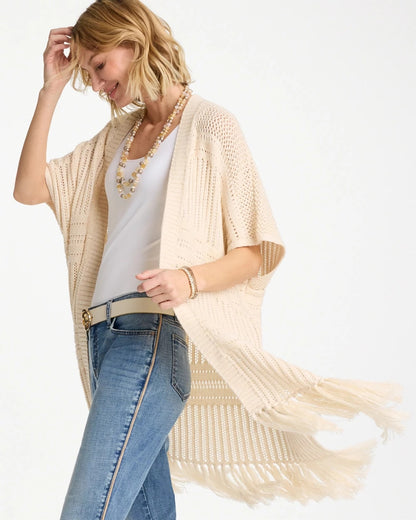 Chico's Long Knit Fringe Ruana Cream