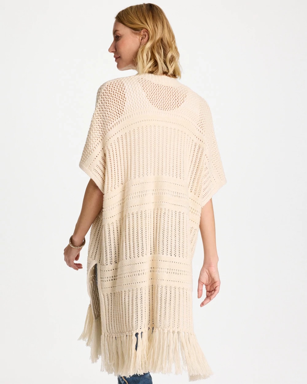 Chico's Long Knit Fringe Ruana Cream