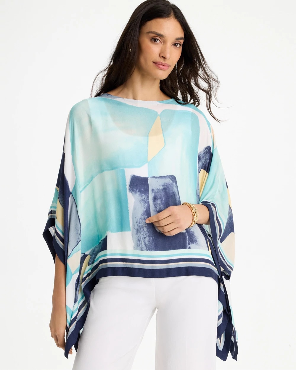 Chico's Woven Crepe Artisanal Poncho Passport Blue