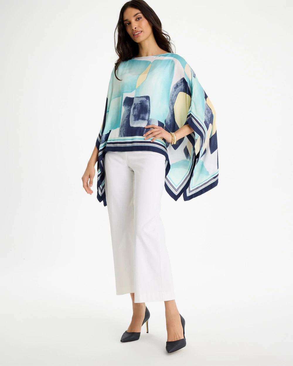 Chico's Woven Crepe Artisanal Poncho Passport Blue