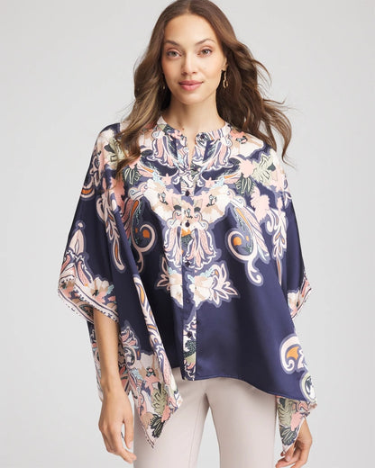 Chico's Collarless Floral-Paisley Poncho Passport Blue