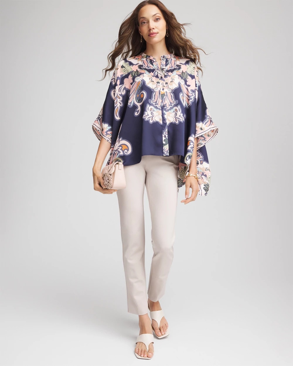 Chico's Collarless Floral-Paisley Poncho Passport Blue