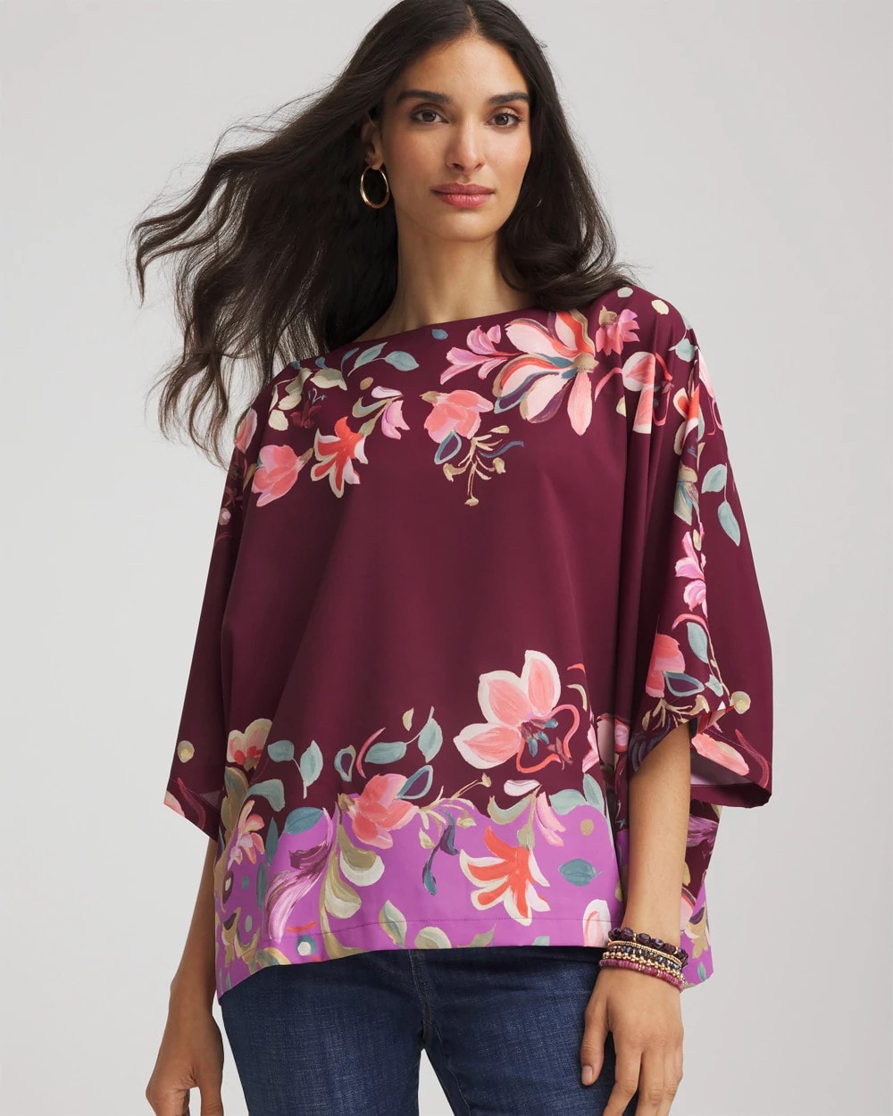 Chico's Printed Boatneck Pullover Poncho Deep Chianti
