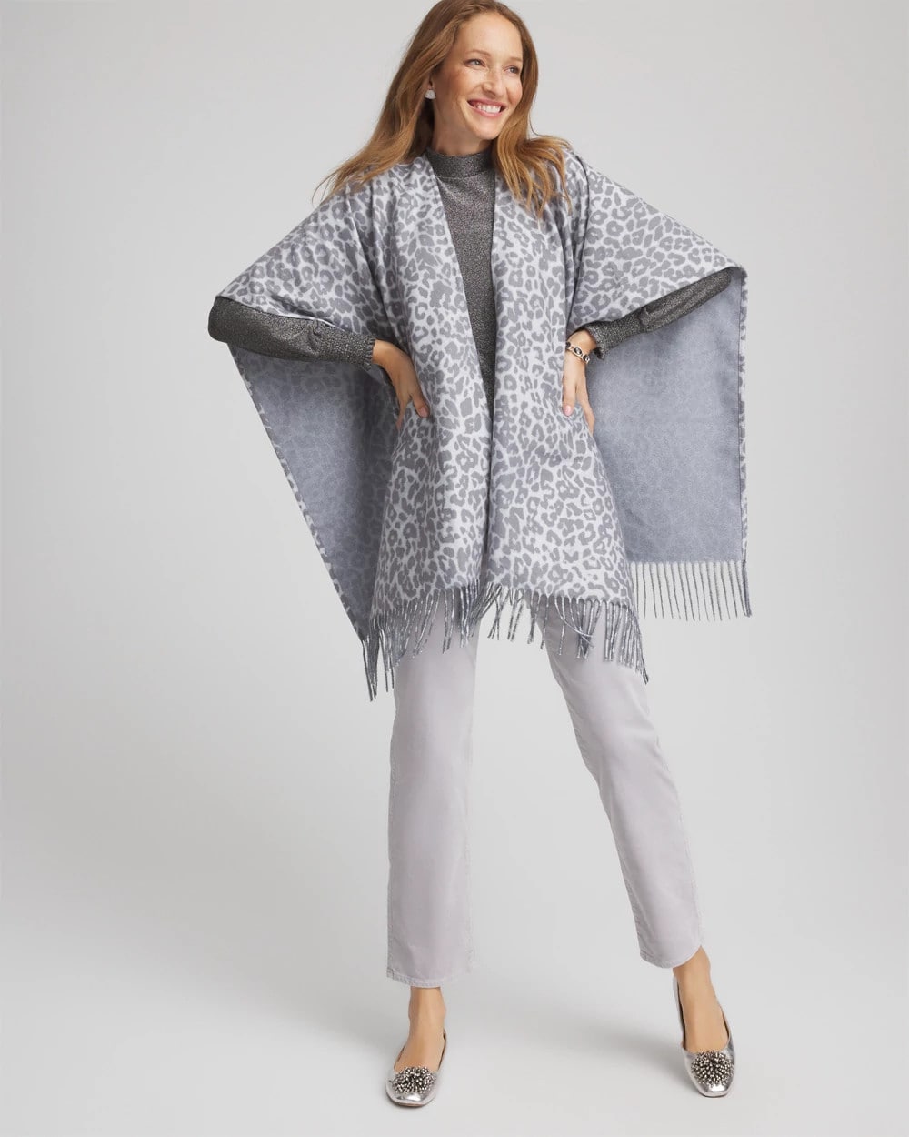 Chico's Reversible Animal Print Fringe Ruana Storm Cloud