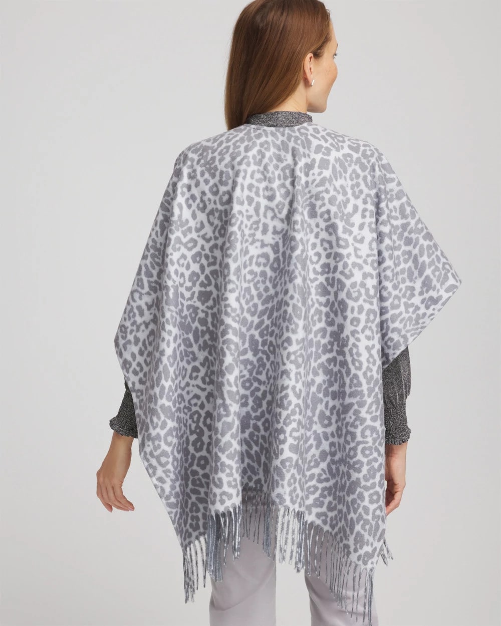 Chico's Reversible Animal Print Fringe Ruana Storm Cloud