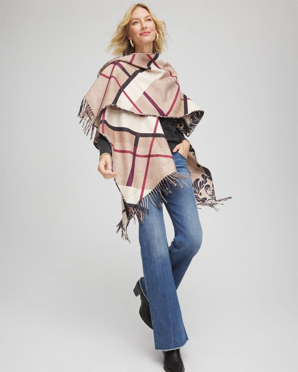 Chico's Reversible Printed Fringe Ruana Champagne Fizz