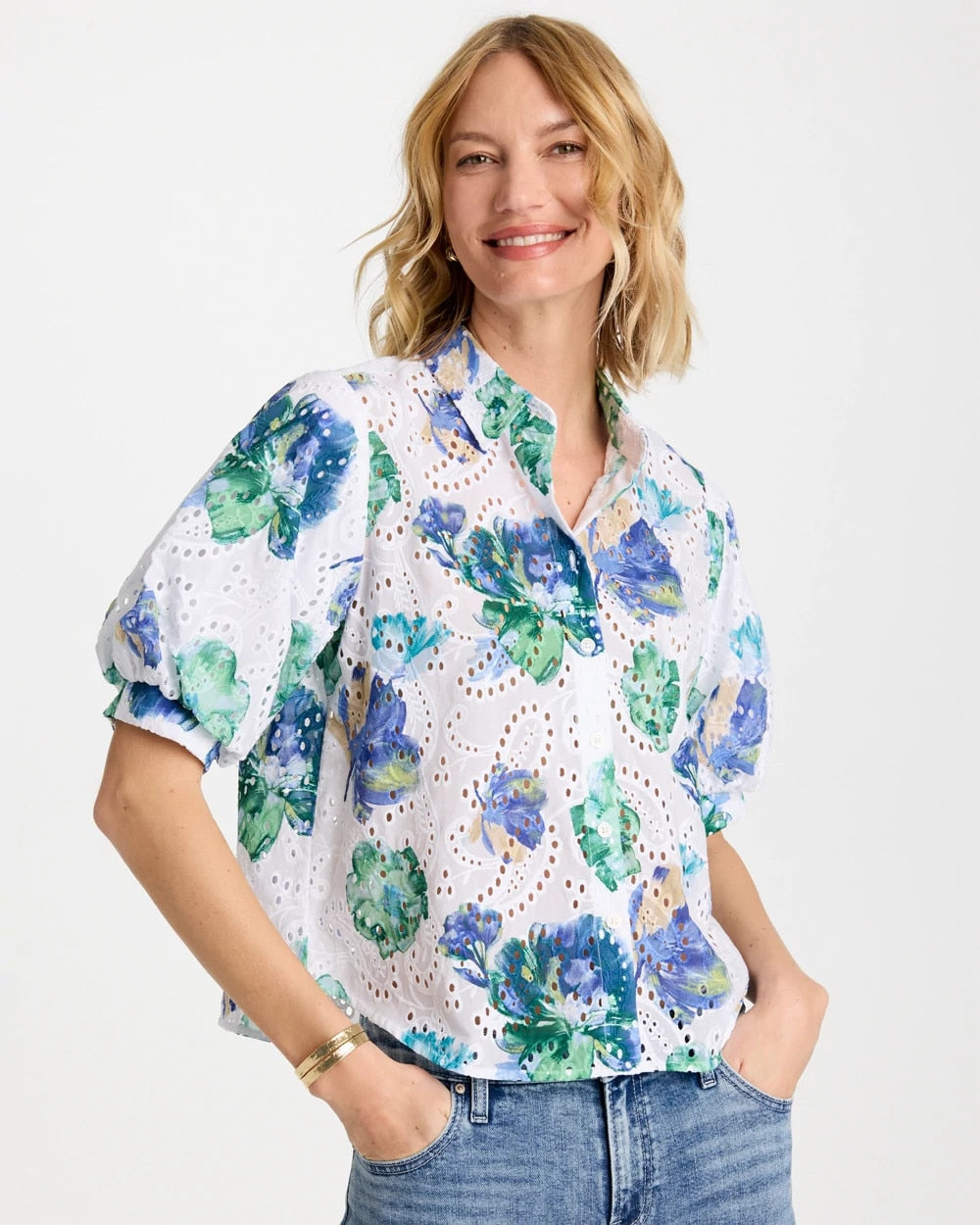 Chico's Floral Paisley Eyelet Blouse Passport Blue
