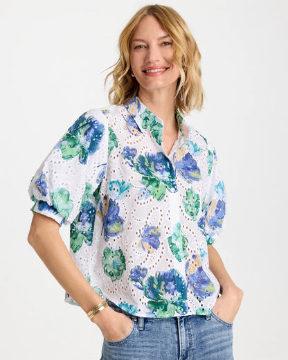 Chico's Floral Paisley Eyelet Blouse Passport Blue