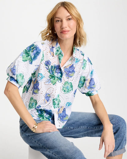 Chico's Floral Paisley Eyelet Blouse Passport Blue