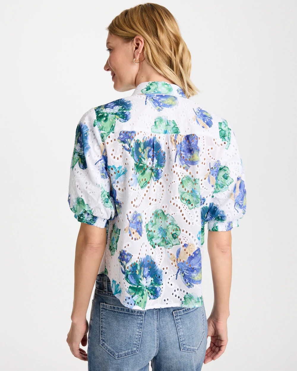 Chico's Floral Paisley Eyelet Blouse Passport Blue