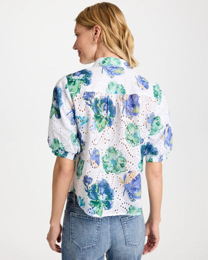 Chico's Floral Paisley Eyelet Blouse Passport Blue