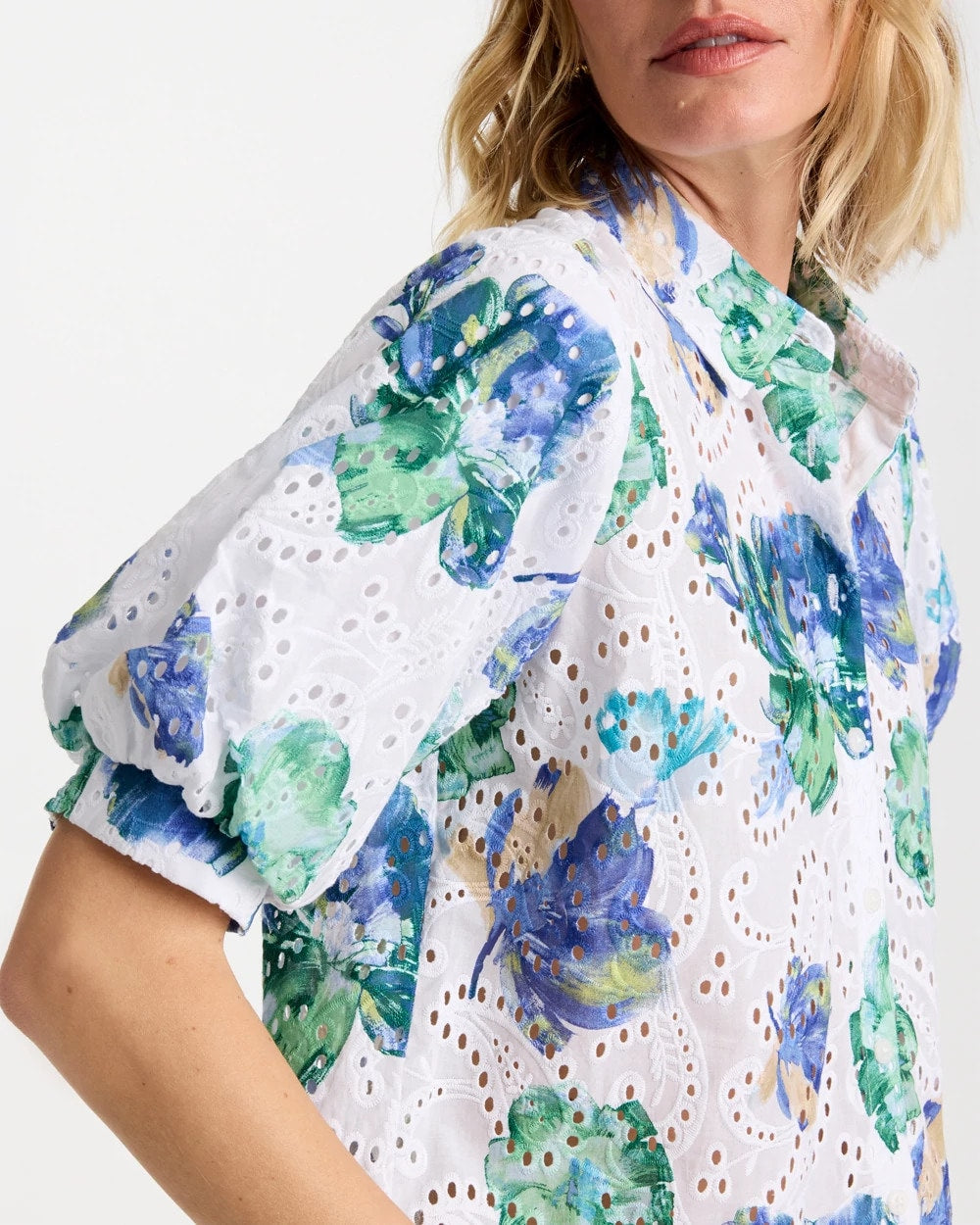 Chico's Floral Paisley Eyelet Blouse Passport Blue