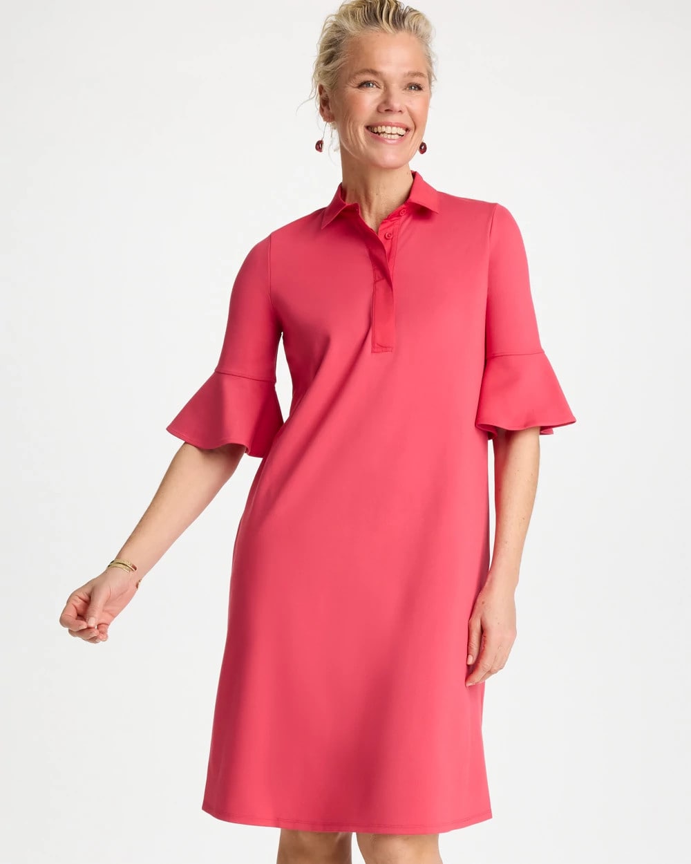 Chico's Knit Flounce Sleeve Dress Hot Honeysuckle