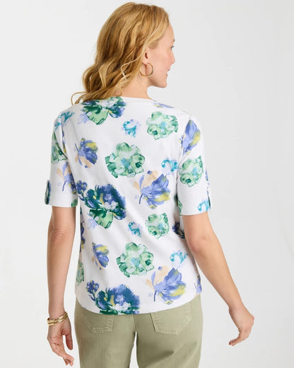 Chico's Printed Cotton Slub V-Neck Tee Passport Blue