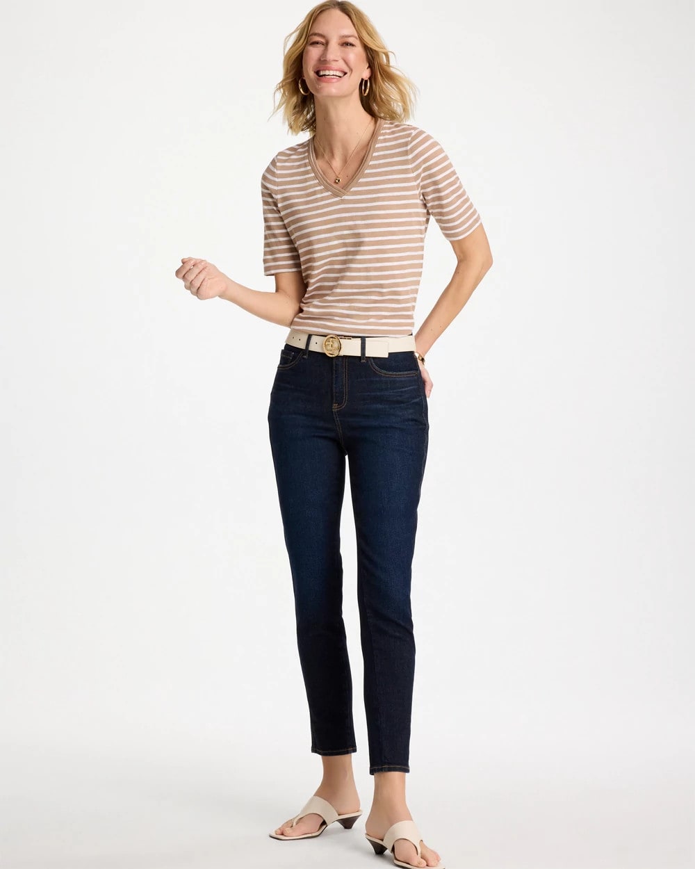 Chico's Striped Cotton Slub V-Neck Tee Cattail Brown