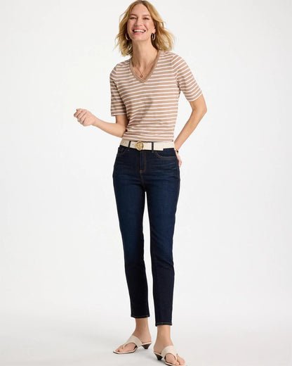 Chico's Striped Cotton Slub V-Neck Tee Cattail Brown