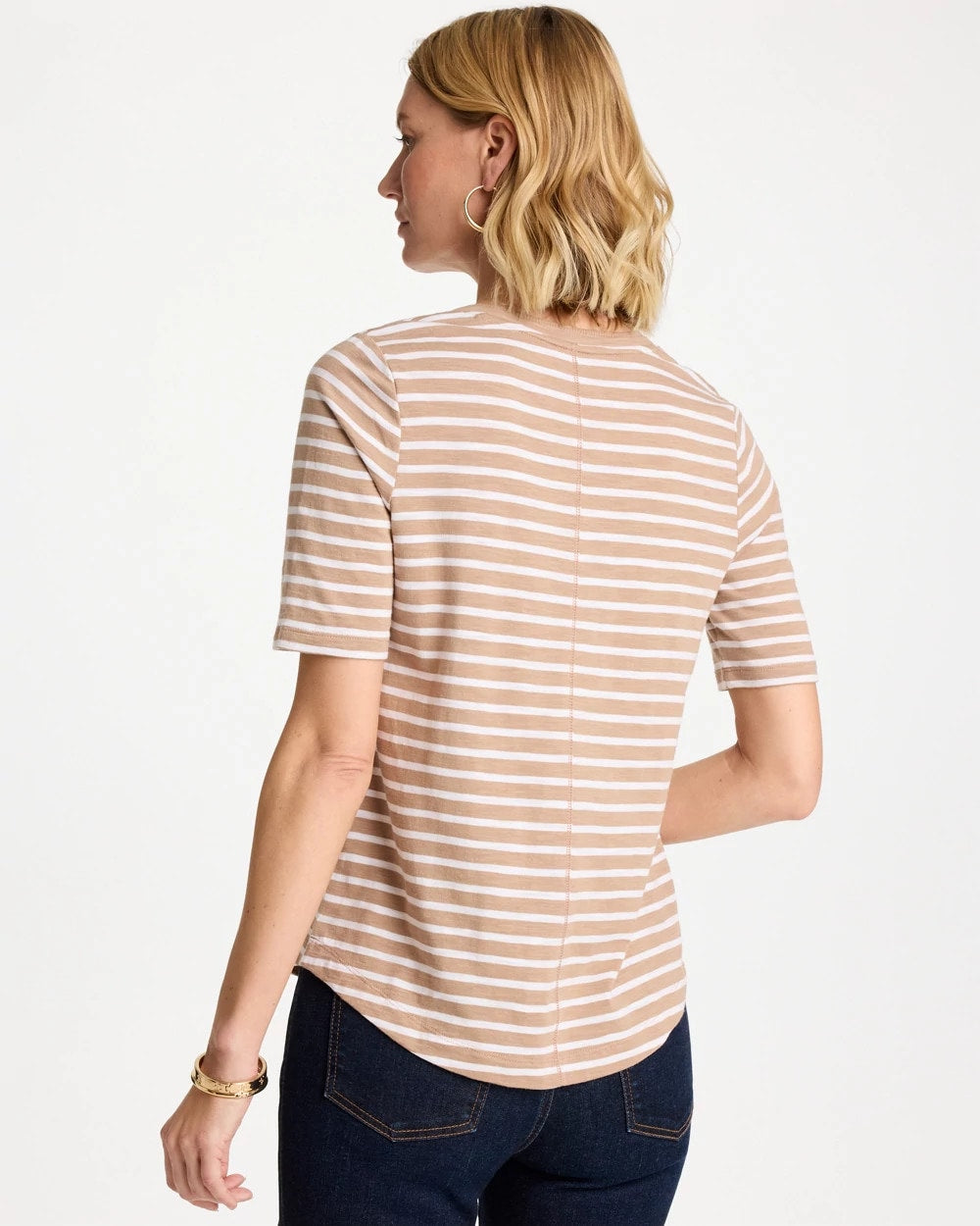 Chico's Striped Cotton Slub V-Neck Tee Cattail Brown