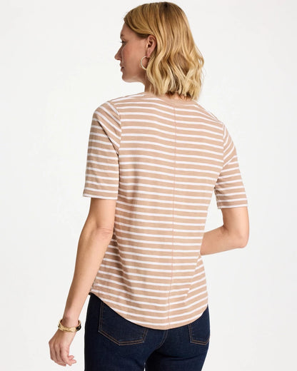 Chico's Striped Cotton Slub V-Neck Tee Cattail Brown