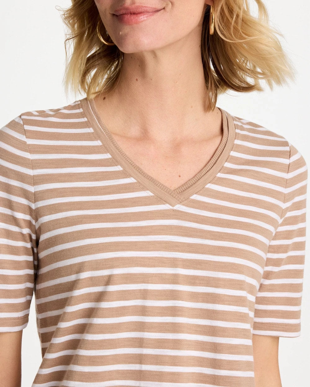 Chico's Striped Cotton Slub V-Neck Tee Cattail Brown