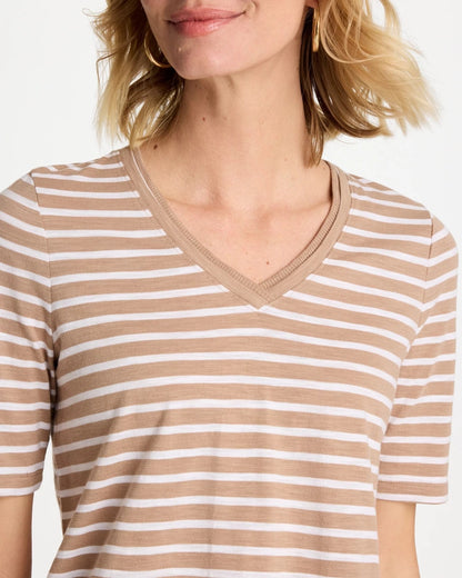 Chico's Striped Cotton Slub V-Neck Tee Cattail Brown