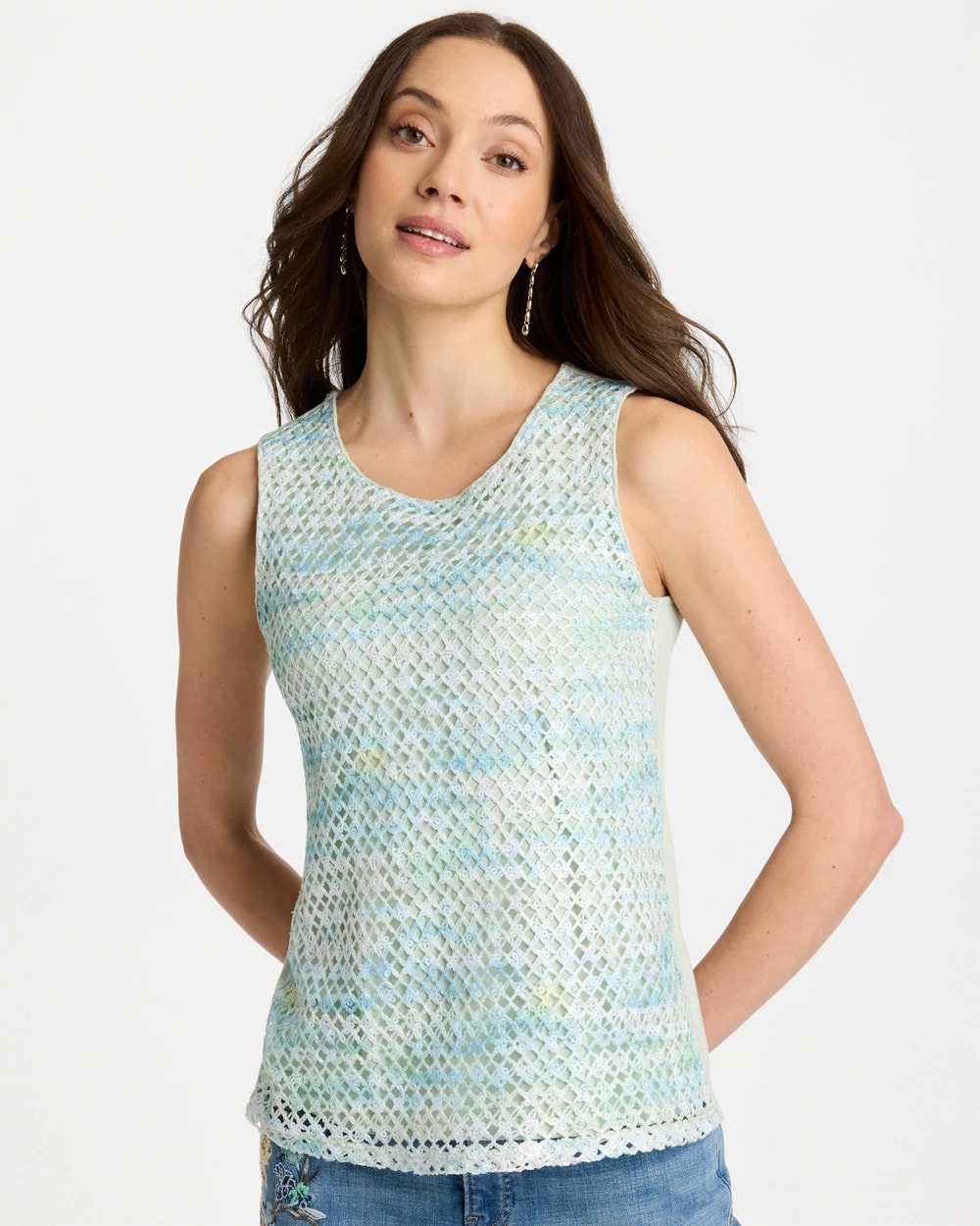 Chico's Mermaid Sequin Mesh Crochet Tank Blue Orchid