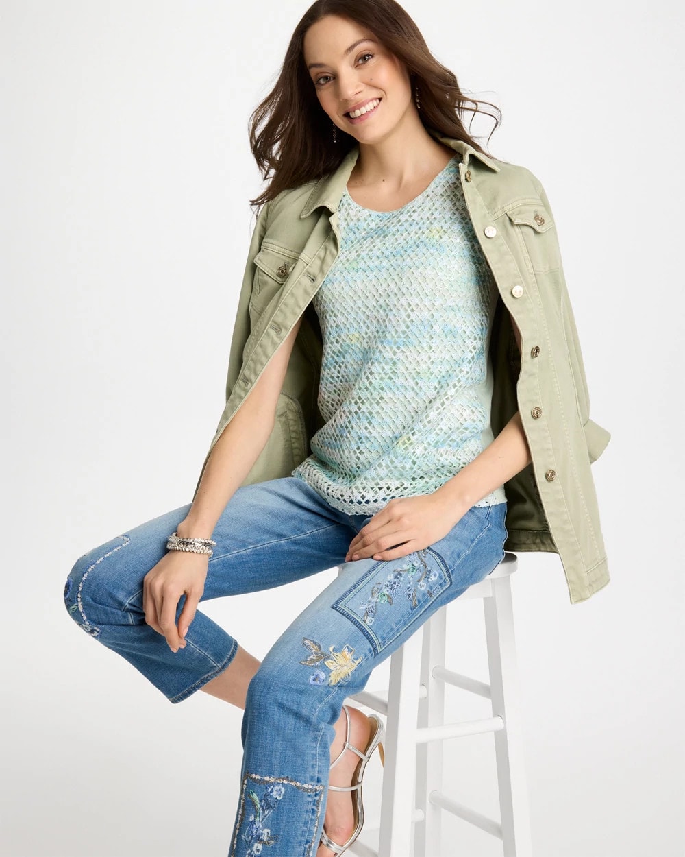 Chico's Mermaid Sequin Mesh Crochet Tank Blue Orchid