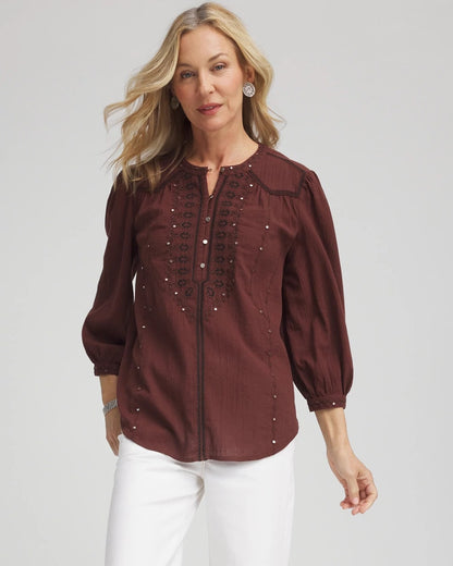 Chico's Embroidered Crinkle-Cotton Blouse Cacao