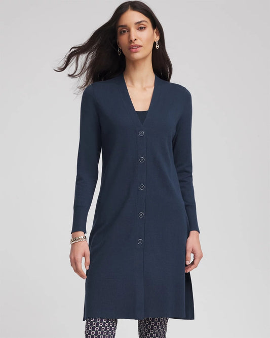 Chico's Novelty Duster Button Cardigan Passport Blue
