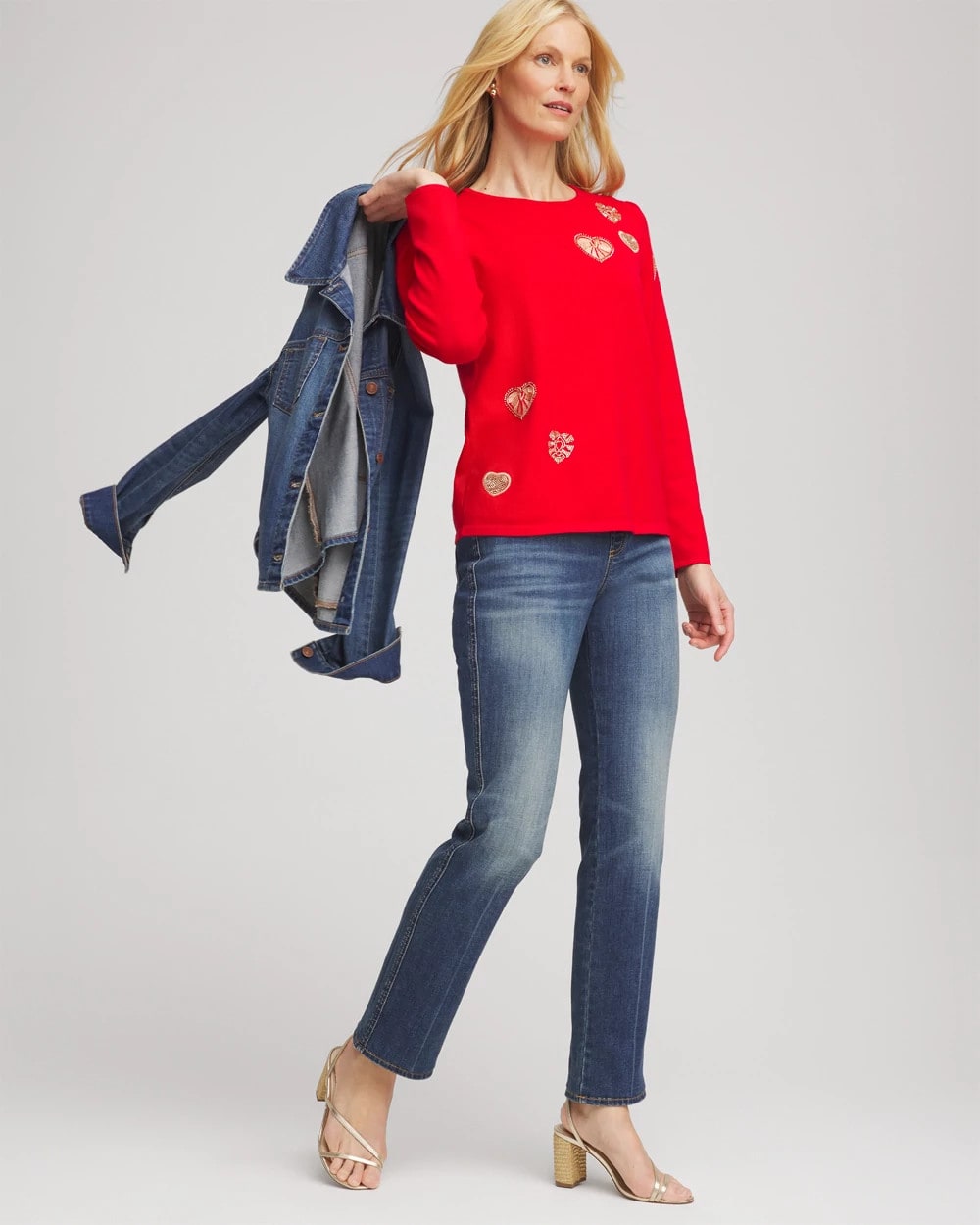 Chico's V-Day Embroidered Heart Pullover Love Letter Red
