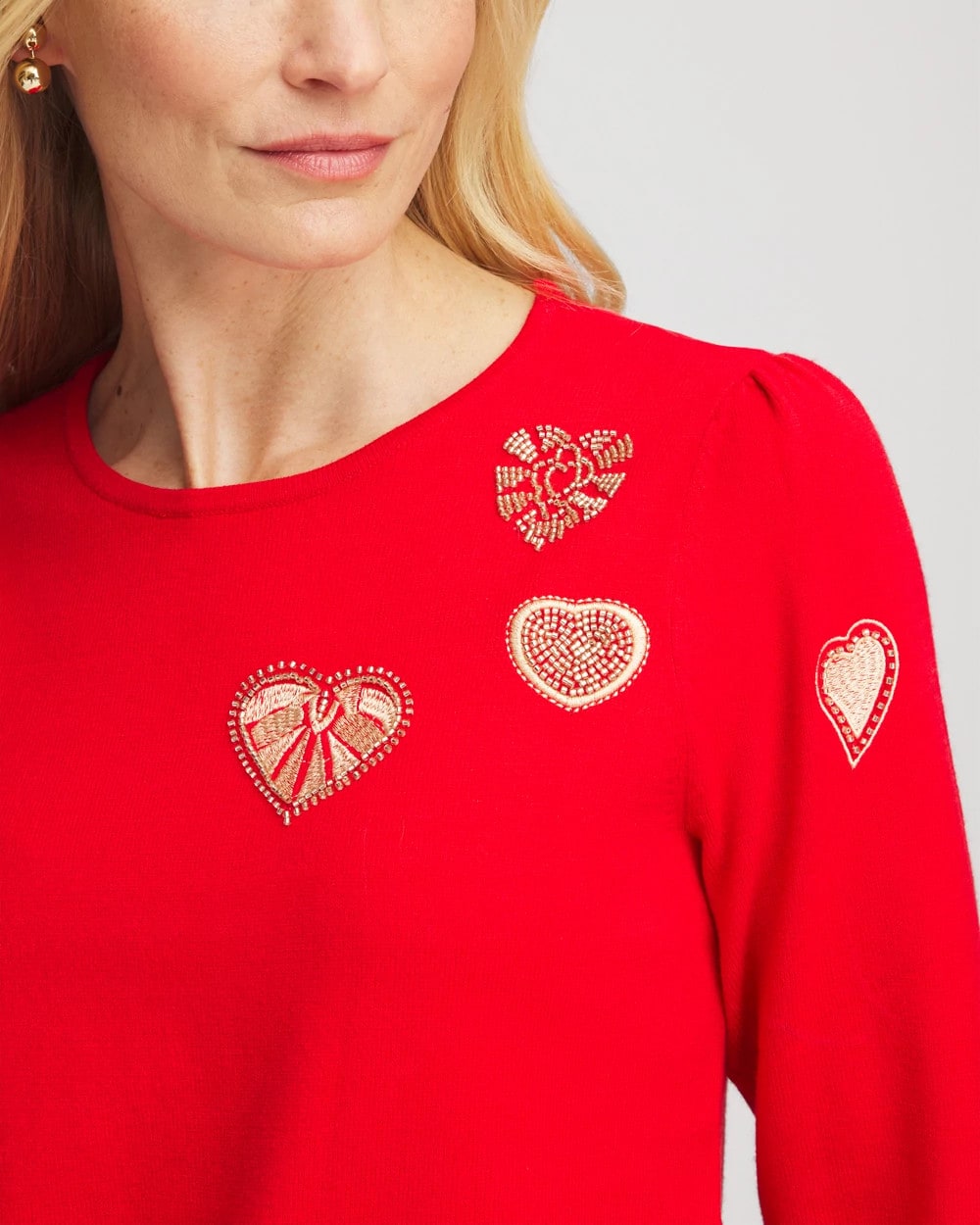 Chico's V-Day Embroidered Heart Pullover Love Letter Red