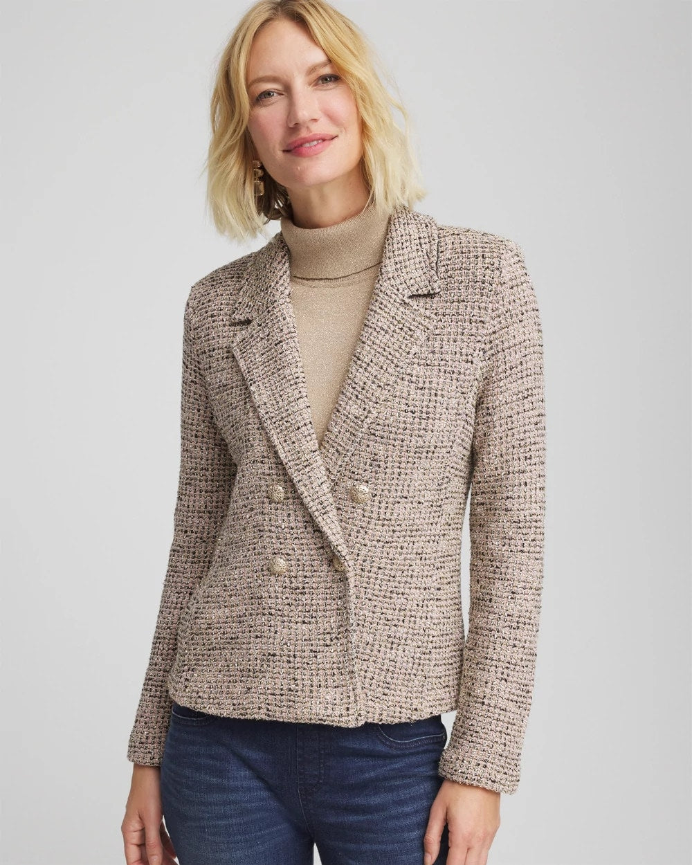 Chico's Double Breasted Tweed Blazer Smokey Taupe