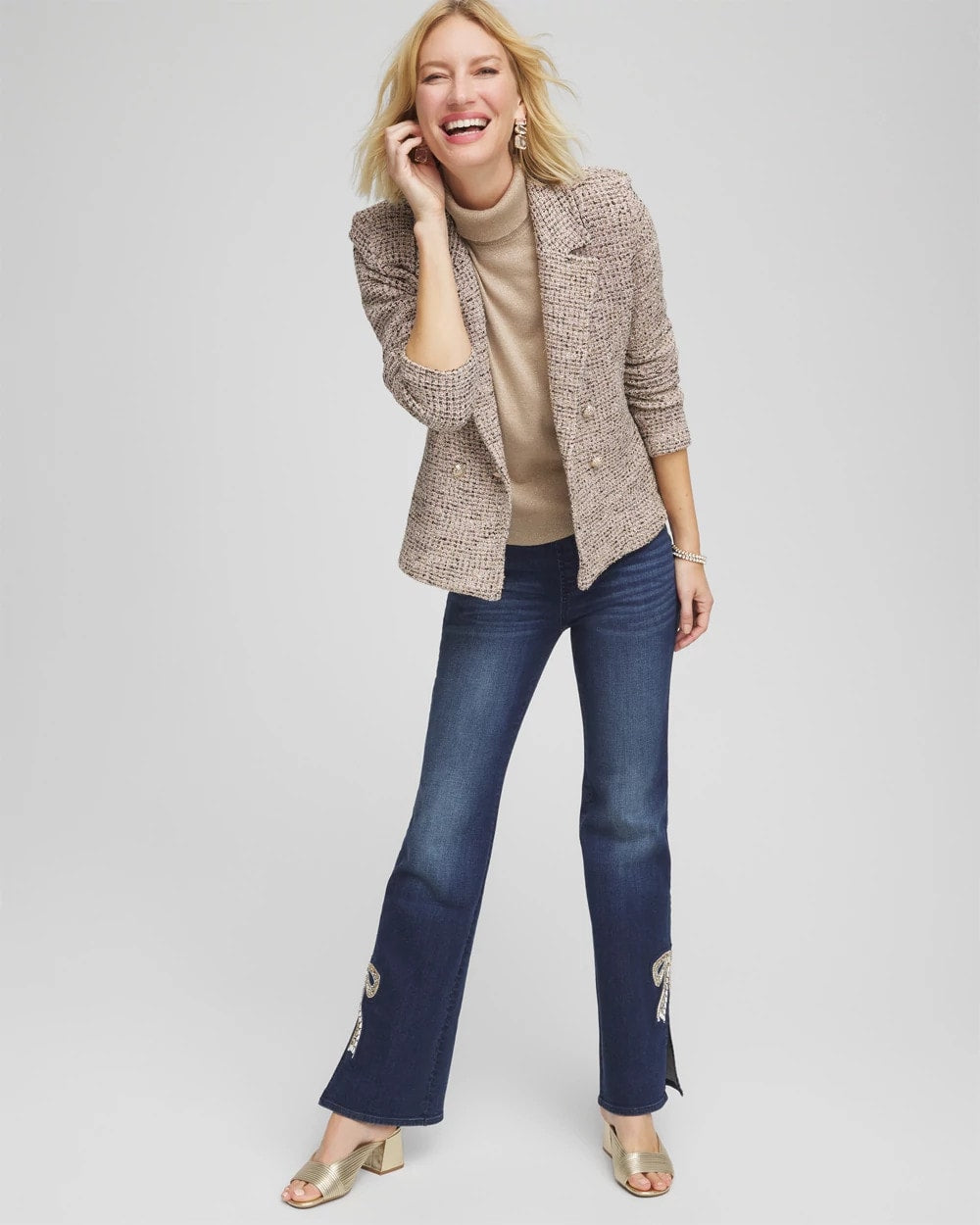 Chico's Double Breasted Tweed Blazer Smokey Taupe