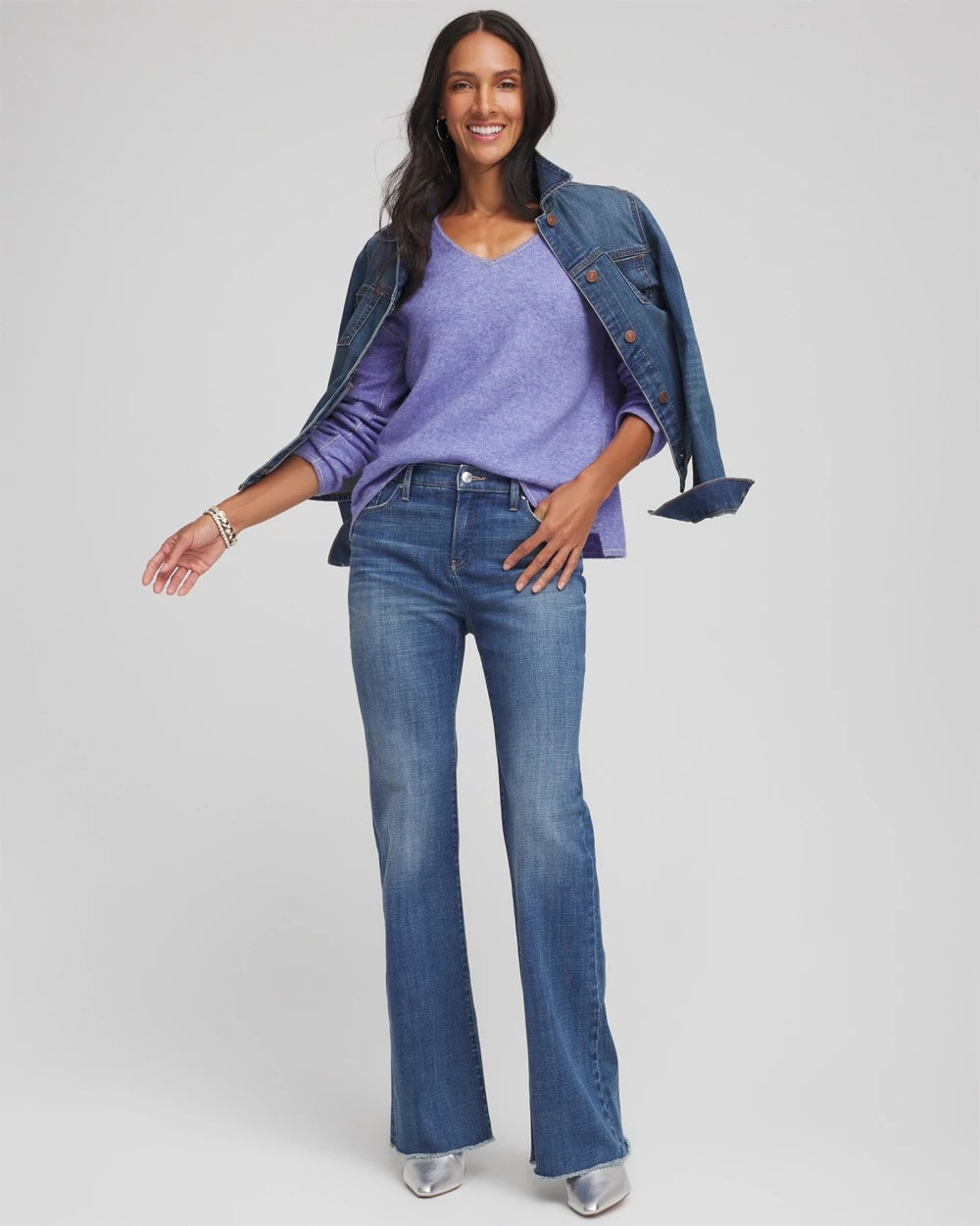 Chico's Contrast Stitch Detail Pullover Vibrant Iris