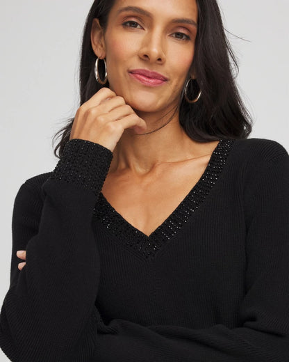 Chico's Embellished V-Neck Pullover Sweater Black