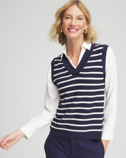 Chico's Striped V-Neck 2 in 1 Sweater Vest Passport Blue