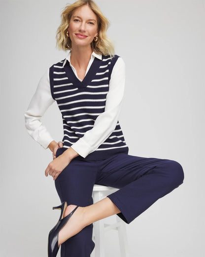 Chico's Striped V-Neck 2 in 1 Sweater Vest Passport Blue