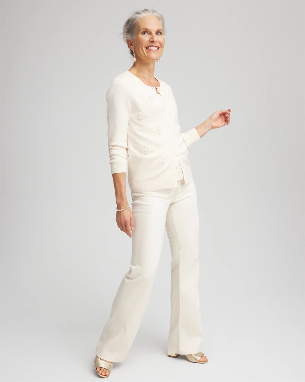 Chico's Embellished Crewneck Cardigan English Cream