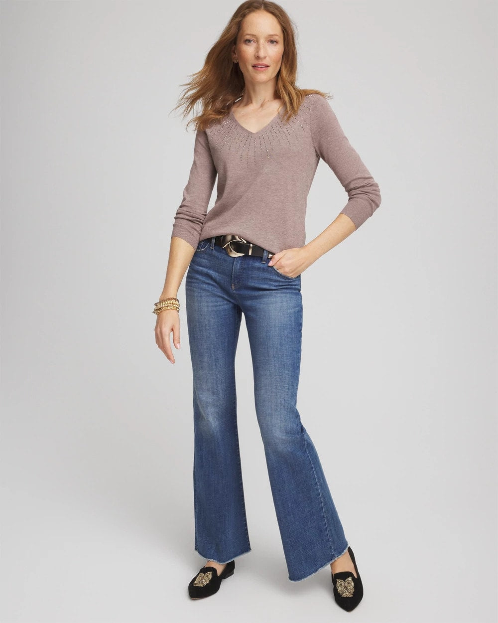 Chico's Ella Embellished V-Neck Sweater Taupe Heather