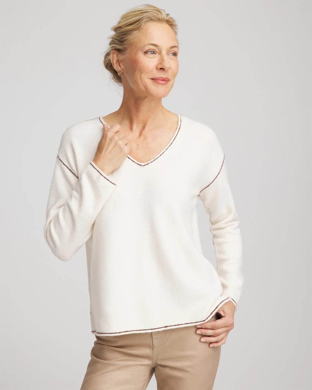 Chico's Contrast Stitch V-Neck Sweater English Cream